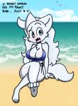  4_toes anthro barefoot beach bikini blanca_(nicky_illust) blue_bikini blue_clothing blue_swimwear blush breasts canid canine canis cleavage clothed clothing day detailed_background dialogue domestic_dog english_text feet female fur hair hi_res long_hair long_tail mammal nicky_illust nordic_sled_dog paws samoyed sand seaside shore skimpy soles solo spitz swimwear text toes water white_body white_fur white_hair 