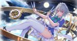  braids clouds cocoablue23 gray_hair izayoi_sakuya maid moon night purple_eyes sky stars thighhighs touhou weapon 