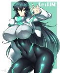  1girl absurdres breasts copyright_name covered_navel expressionless green_eyes green_hair gundam gundam_build_divers gundam_build_divers_re:rise haganef highres huge_breasts long_hair looking_to_the_side may_(gundam_build_divers_re:rise) open_hand shrug_(clothing) solo very_long_hair 