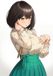  1girl :o bangs banned_artist breasts brown_eyes brown_hair green_skirt hakama_skirt hand_on_own_neck kkamja large_breasts open_mouth original patterned_clothing short_hair skirt white_background 