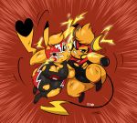  &lt;3_tail 2020 anthro big_breasts breasts cleft_tail clothed clothing cosplay_pikachu_(character) cosplay_pikachu_(costume) digital_media_(artwork) dipstick_ears dipstick_tail duo electricity fan_character female fight hi_res joaoppereiraus kanna_(joaoppereiraus) multicolored_ears multicolored_tail nintendo pikachu pikachu_libre pok&eacute;mon pok&eacute;mon_(species) raichu signature thick_thighs torn_clothing video_games 