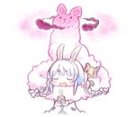  2others :3 animal_ears bangs bow braid bunny_ears carrot_hair_ornament chibi closed_eyes coat creature don-chan_(usada_pekora) eyebrows_visible_through_hair food_themed_hair_ornament fur-trimmed_coat fur_trim gen_8_pokemon gigantamax gigantamax_(other) hair_between_eyes hair_bow hair_ornament holding hololive kuro_(kuroneko_no_kanzume) long_hair morpeko morpeko_(full) multicolored_hair multiple_others namesake open_mouth parody pokemon pokemon_(creature) pokemon_(game) pokemon_swsh rabbit_girl short_eyebrows sidelocks simple_background steam thick_eyebrows twin_braids twintails two-tone_hair usada_pekora virtual_youtuber white_background white_bow white_coat |_| 