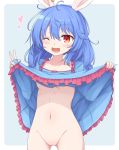  animal_ears ass_visible_through_thighs blue_dress blue_hair blush breasts bunny_ears cowboy_shot dress dress_lift frilled_dress frills groin heart highres lifted_by_self navel neko_mata one_eye_closed open_mouth red_eyes seiran_(touhou) touhou two-tone_background underboob v 