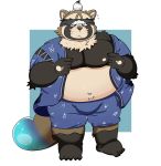  2020 absurd_res anthro blush bottomwear brown_body brown_fur bulge canid canine clothing fur hi_res humanoid_hands kemono live-a-hero male mammal nipples nishi_no_kemono overweight overweight_anthro overweight_male raccoon_dog shoen shorts solo tanuki video_games 