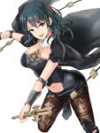  1girl :d armor ass bangs black_armor black_cape black_footwear black_shirt black_shorts blue_eyes blue_hair boots breasts brown_legwear byleth_(fire_emblem) byleth_(fire_emblem)_(female) cape cleavage clothing_cutout collarbone commentary_request crop_top emblem eyebrows_visible_through_hair fire_emblem fire_emblem:_three_houses hair_between_eyes highres holding holding_sword holding_weapon knee_boots large_breasts looking_at_viewer medium_hair motion_blur navel navel_cutout open_mouth pantyhose patterned_clothing sail_(sail-away) shirt short_shorts shorts shoulder_armor sidelocks simple_background single_knee_pad smile solo standing standing_on_one_leg sword sword_of_the_creator taut_clothes taut_shirt upper_teeth vambraces weapon white_background 