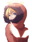  1boy angel_wings bangs blonde_hair blue_eyes commentary_request expressionless glowing glowing_wings halo highres hood hood_up kenny_mccormick looking_at_viewer looking_back male_focus parka sayshownen short_hair simple_background solo south_park twitter_username upper_body watermark white_background wings 