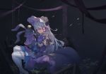  bacteria_101 bow bunny choker dress gray_hair hat king&#039;s_raid lavril_(king&#039;s_raid) long_hair pantyhose purple_eyes 