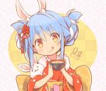  1girl 1other :3 :q animal_ear_fluff animal_ears bangs blue_hair blush bowl braid braided_bun bunny bunny_ears commentary_request don-chan_(usada_pekora) double_bun eyebrows_visible_through_hair eyes_visible_through_hair flower food food_themed_hair_ornament hair_between_eyes hair_ornament hair_rings holding holding_bowl hololive japanese_clothes kimono kuro_(kuroneko_no_kanzume) long_hair looking_at_viewer new_year obi official_alternate_costume orange_eyes patterned_background print_kimono rabbit_girl red_kimono sash sidelocks smile symbol-shaped_pupils tongue tongue_out upper_body usada_pekora virtual_youtuber zouni_soup 