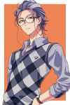  1boy argyle argyle_sweater closed_mouth collared_shirt commentary_request eyewear_strap glasses grey_shirt hand_on_hip highres hypnosis_mic jewelry looking_at_viewer male_focus multicolored_hair necklace red_eyes round_eyewear sayshownen serious shirt short_hair sleeveless_sweater solo streaked_hair sweater tsutsujimori_roshou twitter_username upper_body watch watermark wristwatch 