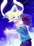  1boy amezawa_koma blush commentary_request eye_contact fingernails gen_3_pokemon glasses imminent_hug jirachi looking_at_another max_(pokemon) mythical_pokemon open_mouth pokemon pokemon_(anime) pokemon_(creature) pokemon_rse_(anime) purple_hair shirt short_sleeves smile spread_fingers tanabata 