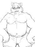  2020 anthro belly bottomwear clothing eyewear glasses hanakatsuo10 hi_res kemono male mammal monochrome moobs nipples overweight overweight_anthro overweight_male shorts simple_background solo tokyo_afterschool_summoners ursid video_games volos white_background 