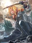  bangs blonde_hair brigid_(fire_emblem) broken broken_sword broken_weapon closed_eyes fire fire_emblem fire_emblem:_genealogy_of_the_holy_war fire_emblem_cipher grimace nijihayashi official_art ponytail sword torn_clothes weapon yellow_eyes 