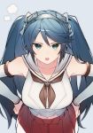  1girl angry blue_eyes blue_hair breasts brown_neckwear collarbone detached_sleeves grey_background hands_on_hips highres isuzu_(kantai_collection) kantai_collection large_breasts leaning_forward long_hair looking_at_viewer navel neckerchief open_mouth pleated_skirt ponko_(damachida) red_skirt remodel_(kantai_collection) sailor_collar sailor_shirt shirt simple_background skirt sleeveless sleeveless_shirt solo standing twintails white_sailor_collar white_shirt 