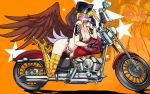  1girl america arm_tattoo bikini bird_legs black_bikini black_gloves black_headwear blonde_hair breasts brown_wings commentary_request feathered_wings gloves green_eyes ground_vehicle hat highres large_breasts long_hair motor_vehicle motorcycle navel original peaked_cap ponytail ryuu_tou side-tie_bikini slit_pupils solo star_(symbol) star_tattoo stomach_tattoo string_bikini sunglasses swimsuit tattoo wings 