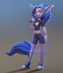  ) anthro baseball_bat bat_(object) blue_eyes blue_hair bottomwear clothed clothing felid female footwear fur hair hi_res lemurfeature long_tail mammal marina_(zvezdusk4) pose purple_body purple_fur shorts simple_background smile solo topwear 