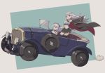  2girls :d azur_lane bangs bare_shoulders belfast_(azur_lane) black_coat black_legwear black_neckwear black_skirt breasts car cleavage coat cocoadrive commentary convertible driving enterprise_(azur_lane) eyebrows_visible_through_hair floating_hair frills ground_vehicle hat hat_removed headwear_removed holding holding_clothes holding_hat large_breasts long_hair long_sleeves looking_at_viewer maid_headdress miniskirt motor_vehicle multiple_girls necktie open_clothes open_coat open_mouth oto_(rozeko) outstretched_arm pleated_skirt purple_eyes rolls-royce rolls-royce_silver_ghost shirt silver_hair skirt smile standing swept_bangs thighhighs two-tone_background underbust vehicle_focus very_long_hair white_shirt zettai_ryouiki 