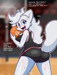  3:4 anthro ball basket basketball_(ball) basketball_court blanca_(nicky_illust) blue_eyes bodily_fluids detailed_background dialogue domestic_cat duo english_text faceless_character felid feline felis female fluffy fluffy_tail fur hair hi_res long_hair long_tail mammal nicky_illust out_of_frame smile sweat text white_body white_fur white_hair 