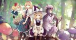  3girls alice_margatroid apron black_eyes blonde_hair blue_eyes book braid capelet commentary crescent culter forest hairband happy hat holding kirisame_marisa leaf leaning_forward loafers long_hair mob_cap multiple_girls mushroom nature open_mouth outdoors patchouli_knowledge puffy_short_sleeves puffy_sleeves purple_hair shanghai_doll shoes short_hair short_sleeves side_braid sitting smile sweatdrop touhou tree tree_stump waist_apron witch_hat 