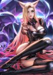  1girl animal_ears black_panties blonde_hair blue_eyes boots breasts cleavage crystal_tail eyeshadow forehead fox_ears hair_ornament hairclip heart high_heel_boots high_heels highres k/da_(league_of_legends) large_breasts league_of_legends liang_xing lips long_hair looking_at_viewer makeup multiple_tails open_mouth panties see-through signature sitting solo tail the_baddest_ahri thigh_boots thighhighs underwear watermark web_address whisker_markings 