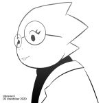  1:1 alphys anthro beady_eyes black_and_white blush buckteeth bust_portrait clothing coat english_text eyewear female glasses lab_coat lizard monochrome portrait reptile scalie shirt side_view simple_background smile solo teeth text topwear totostuck undertale video_games 