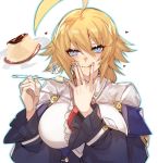  1girl ahoge blazblue blonde_hair blue_eyes blush breasts dress es_(xblaze) eyebrows_visible_through_hair finger_licking food heart highres large_breasts licking licking_lips long_hair long_sleeves necktie pudding puffy_long_sleeves puffy_sleeves roas01b simple_background smile solo spoon tongue tongue_out upper_body white_background xblaze 