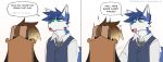  anthro canid canine canis clothing comic domestic_dog duo english_text halloween_costume hi_res lagomorph leporid looking_down male male/male mammal necktie rabbit sky_(youwannaslap) speech_bubble startled text topwear vest youwannaslap 