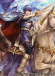  1boy bangs blue_cape blue_eyes blue_hair blue_shirt cape fire_emblem fire_emblem:_genealogy_of_the_holy_war fire_emblem_cipher flag gold_trim horse md5_mismatch official_art ponytail seliph_(fire_emblem) shirt sword wada_sachiko weapon 