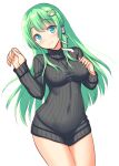  1girl alternate_costume arms_up black_sweater blue_eyes breasts commentary_request contrapposto covered_nipples cowboy_shot eyebrows_visible_through_hair frog_hair_ornament green_hair hair_ornament hair_tubes hand_on_own_chest head_tilt impossible_clothes impossible_sweater kochiya_sanae large_breasts long_hair long_sleeves looking_at_viewer no_pants partial_commentary ribbed_sweater simple_background smile snake_hair_ornament solo standing sweater tokyo_yamane touhou turtleneck turtleneck_sweater very_long_hair white_background 