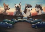  anthro canid canine canis car day detailed_background digital_media_(artwork) domestic_dog female hi_res male mammal outside sky smile taurusart vehicle wolf 