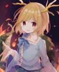  blonde_hair blue_bow blue_shirt blue_skirt bow collarbone dragon_girl dragon_horns dragon_tail eyebrows_visible_through_hair fire happy horns kicchou_yachie long_sleeves mina_(sio0616) open_mouth red_eyes shirt skirt tail touhou turtle_shell upper_body yellow_horns 