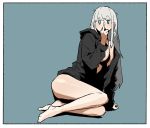  1girl arm_support bare_legs barefoot bikini black_bikini blank_eyes blue_background blue_eyes blush border breasts covered_mouth covering_mouth earrings gogalking grey_hair hand_over_own_mouth hand_up highres hood hood_down hooded_jacket hoop_earrings jacket jewelry jitome large_breasts light_girl_(gogalking) long_hair long_sleeves looking_at_viewer middle_finger original simple_background sitting solo swimsuit white_border yokozuwari 