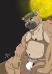  2020 anthro belly brown_body brown_fur bulge canid canine canis clothing domestic_dog fur hat headgear headwear hi_res humanoid_hands kemono male mammal moobs musclegut navel nipples overweight overweight_anthro overweight_male pig_fat_bat pubes scar sitting solo tokyo_afterschool_summoners underwear video_games yasuyori 