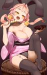  1girl :d animal_ears bare_shoulders bell black_panties breasts brown_background bunny_ears cleavage cup dango food gradient gradient_background grey_legwear hair_bell hair_intakes hair_ornament hand_up head_tilt holding holding_food japanese_clothes jingle_bell kimono knee_up large_breasts nijitama_shiyushiyu no_shoes open_mouth original panties pink_hair pink_kimono round_teeth sakazuki short_kimono sitting smile solo teeth thighhighs twintails underwear upper_teeth wagashi yellow_eyes 