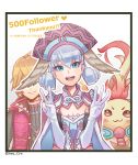  1boy 1girl :3 :d blonde_hair blue_eyes breasts cape cleavage gloves hat head_wings hey_cre highres melia_antiqua nopon open_mouth red_vest riki_(xenoblade) shulk_(xenoblade) silver_hair smile v vest w white_background white_gloves xenoblade_chronicles xenoblade_chronicles_(series) 