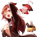  4girls ahoge alternate_costume animal_ear_fluff animal_ears arsene_lupin_iii arsene_lupin_iii_(cosplay) bangs black_hair black_pants black_suit bodysuit bone_hair_ornament breasts brown_eyes brown_hair car cartoon_bone cat_ears cat_girl cat_tail center_opening cleavage closed_eyes commentary_request cosplay dog_ears dog_girl eyebrows_visible_through_hair female_pervert fiat_500 fox_ears fox_girl ground_vehicle hair_between_eyes hair_ornament hakama hat highlights highres holding holding_clothes holding_hat hololive hololive_gamers inugami_korone ishikawa_goemon_xiii ishikawa_goemon_xiii_(cosplay) jacket japanese_clothes jigen_daisuke jigen_daisuke_(cosplay) long_hair looking_at_viewer lupin_iii mine_fujiko mine_fujiko_(cosplay) motor_vehicle multicolored_hair multiple_girls necktie nekomata_okayu one_eye_closed ookami_mio pants partially_unzipped pervert purple_hair red_jacket sarashi sheath sheathed shirakami_fubuki short_hair simple_background skin_tight smile sue_(bg-bros) sword tail virtual_youtuber weapon white_hair wolf_ears wolf_girl 