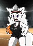  anthro ball basketball basketball_(ball) basketball_court blanca_(nicky_illust) bodily_fluids canid canine canis clothing domestic_dog exhausted female fluffy fluffy_tail fur hair hand_on_hip headgear headwear hi_res mammal nicky_illust nordic_sled_dog purple_eyes samoyed solo spitz sport sweat white_body white_fur white_hair 