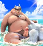  2020 anthro belly brown_body brown_fur clothing duo fur genitals hachirouta hi_res humanoid_hands kemono male mammal moobs oral overweight overweight_male penis sex sitting swimwear ursid water 