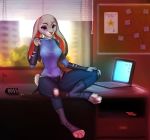  2019 anthro assel_asakura blue_bottomwear blue_clothing blue_pants blue_shirt blue_topwear bottomwear breasts clothed clothing computer desk detailed_background disney ears_down female full-length_portrait fully_clothed furniture judy_hopps lagomorph laptop leporid looking_at_viewer mammal pants pivoted_ears police_uniform portrait rabbit shirt sitting solo topwear uniform zootopia 
