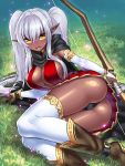  3:4 big_breasts blush bodily_fluids bow_(weapon) breasts butt clothing dark_skin detailed_background elf female hair hi_res humanoid humanoid_pointy_ears legwear not_furry outside panties plantigrade ranged_weapon solo sweat thigh_highs thong underwear upskirt weapon white_hair yapo yellow_eyes 