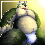  1:1 2020 anthro belly black_nose bulge canid canine canis clothing domestic_dog fur green_body green_fur hi_res kemono live-a-hero male mammal mokdai nipples overweight overweight_anthro overweight_male pig_fat_bat solo underwear video_games 