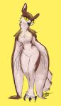  2020 anthro avian beak biped bird black_beak breasts esde featureless_breasts female hi_res looking_at_viewer nude owl quelee simple_background standing talons wings yellow_background yellow_eyes 