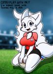  anthro ball big_breasts blanca_(nicky_illust) breasts canid canine canis chest_tuft dialogue domestic_dog female fluffy fluffy_tail football_(ball) football_field football_uniform fur grass hair hi_res long_hair long_tail mammal nicky_illust nordic_sled_dog samoyed smile solo spitz tuft white_body white_fur white_hair 
