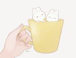  1girl :3 animal_focus ayu_(mog) bunny cup fingernails grey_background halftone halftone_background holding holding_cup looking_at_viewer mug original out_of_frame solo 