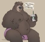  2020 anthro belly big_belly brown_body brown_fur bulge clothed clothing cup dialogue facial_piercing fur hi_res looking_at_viewer male mammal minedoo moobs navel nipple_piercing nipples nose_piercing overweight overweight_anthro overweight_male piercing sitting solo speech_bubble topless underwear ursid 