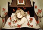  1girl bangs bug butterfly curtains english_commentary half-closed_eyes highres insect kapura light_brown_hair long_sleeves looking_at_viewer lying original pillow red_butterfly shadow shirt signature solo under_covers white_shirt 