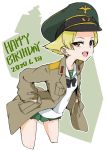  1girl black_bow black_neckwear blonde_hair blouse bob_(you-u-kai) bow brown_eyes brown_jacket commentary cowboy_shot cropped_legs dated english_text erwin_(girls_und_panzer) girls_und_panzer green_headwear green_skirt half-closed_eyes hands_in_pockets happy_birthday hat jacket leaning_forward long_sleeves looking_at_viewer military_hat military_jacket miniskirt ooarai_school_uniform open_clothes open_jacket open_mouth outline peaked_cap pleated_skirt pointy_hair sailor_collar school_uniform serafuku short_hair skirt smile solo standing white_blouse white_outline white_sailor_collar 