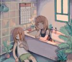  2girls bangs bathtub blood brown_hair cactus calendar_(object) cigarette grey_eyes highres kapura leaf long_hair looking_up multiple_girls original phone plant potted_plant shadow signature smoke window 