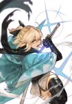  1girl black_legwear black_sash black_scarf blonde_hair fate_(series) green_eyes hankuri haori holding holding_sword holding_weapon japanese_clothes katana kimono koha-ace looking_at_viewer obi okita_souji_(fate) okita_souji_(fate)_(all) open_mouth ponytail sash scabbard scarf sheath short_kimono solo sword thighhighs torn_scarf unsheathing vambraces weapon wide_sleeves 