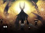  2others back-to-back cloud grey_cloak highres holding holding_weapon hollow_knight horns knight_(hollow_knight) multiple_others okame_nin shade_(hollow_knight) standing sun the_radiance weapon 