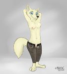  absurd_res anthro arctic_fox barefoot belt blue_eyes bottomwear breasts canid canine chain clothed clothing disney female fox fur genitals hands_behind_head hi_res inner_ear_fluff kotofox looking_at_viewer mammal navel nipples pose pussy skye_(zootopia) smile solo standing tuft zootopia 